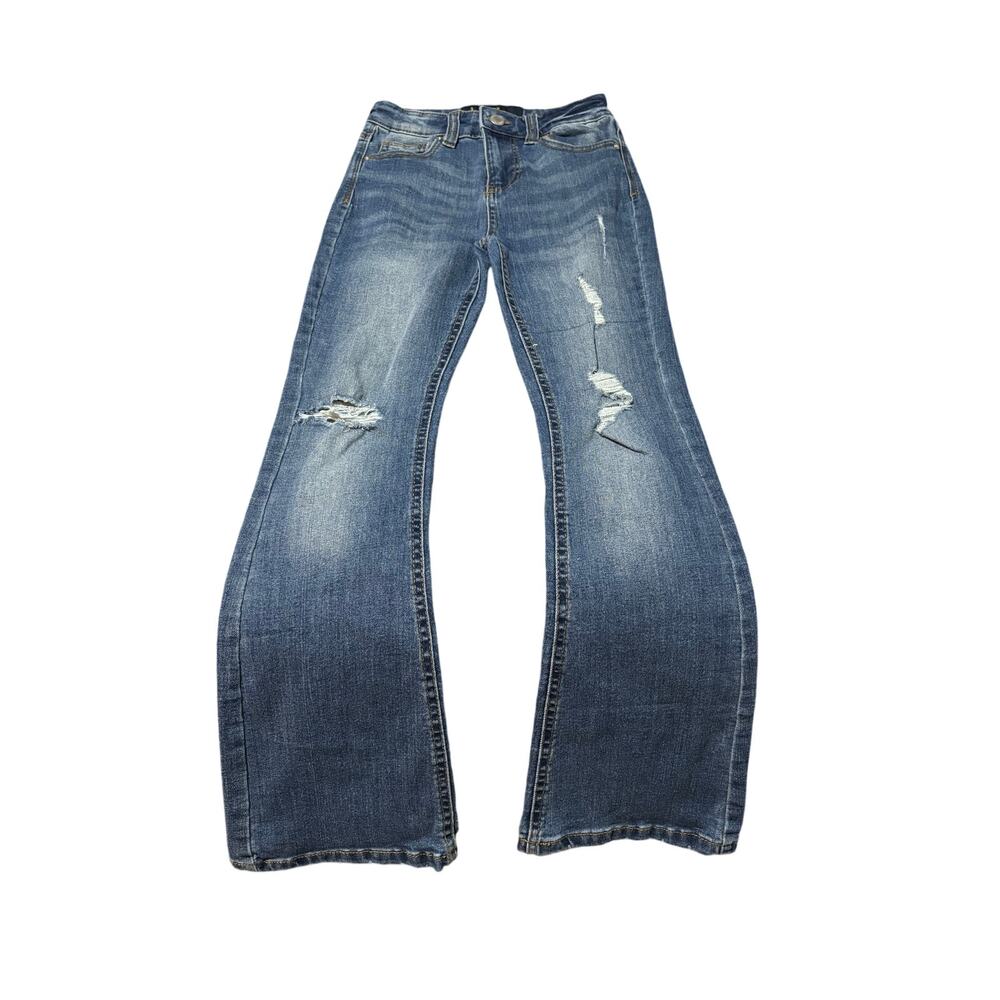 Indigo Rein 8 flare jeans adjustable waist stretch pockets euc blue modern style